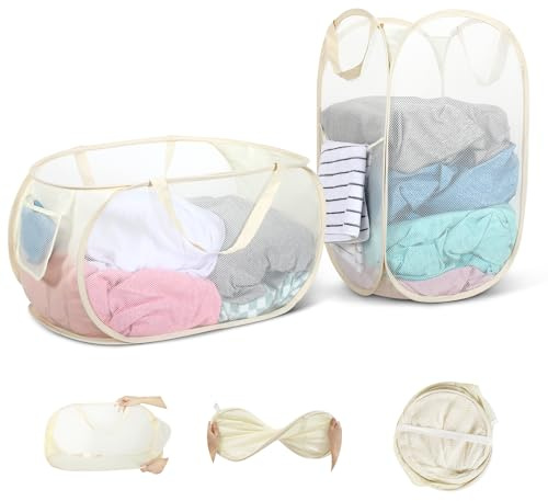 WUFANC Cesto Portabiancheria Pieghevole Pop-Up, Confezione Da 2 (36 * 36 * 58cm), Cesta Portabiancheria Pieghevole In Materiale A Rete Con Maniglia, Per Bagno, Campeggio E Viaggio