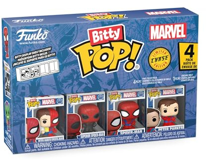 Funko Bitty POP! 4 Pack: Spider-Man - Parker Split, Superior | Official Superheroes Merch - Tiny 0.9 inch Figures with Display Shelf - Cake Topper, Party Bag and Stocking Filler Gift