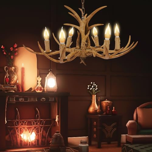 OUKANING Antler Kronleuchter E14 6 Licht - Decken Leuchte lampe Pendellampe Retro Geweih Hängelampe Industriestil Höhenverstellbarer Geweih Hängeleuchte Esszimmer für Wohnzimmer Schlafzimmer