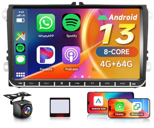 【8 Core 4G+64G】Android 13 Car Stereo for Volkswagen DSP CarPlay Android Auto Bluetooth 5.0, Hodozzy 9 Car Radio with FM/RDS GPS Wifi Reversing Camera, for VW Golf MK5 6 Passat Polo Tiguan Seat