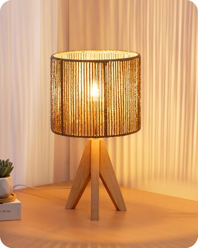 EDISHINE Lampada da Comodino con Treppiede in Legno Massiccio, Lampadina E27 2700K 4W Inclusa, Paralume in Corda Intrecciata a Mano, 20 x 20 x 36 cm, Lampada da Tavolo Moderna per Camera, Soggiorno