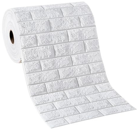 kyaoayo 3D Weiß Wandpaneele Selbstklebend 50CM x 10M, Weiß Tapete Steinoptik Tapete Ziegel, Wandaufkleber Wasserdicht Wandtapete Klebetapete Steinoptik Ziegelstein für Küche Schlafzimmer Badezimmer