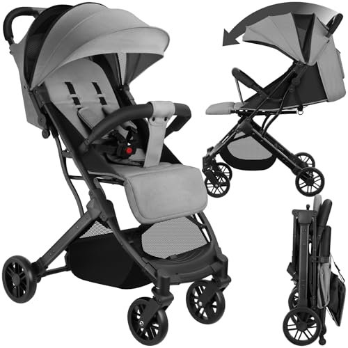 tectake® Buggy Kinderwagen von 0 bis 3 Jahre, Wagen für Baby Erstausstattung Neugeborene und Kinderbuggy, einhändig faltbarer Reisebuggy, Reisekinderwagen, Baby Wagen mit Verdeck - grau/beige