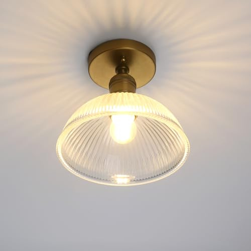 Yosoan Industrial Ceiling Lights, Ribbed Dome Glass Pendant Light, Ceiling Lamp for Kitchen Island Bedroom Living Room (Antique Gold)