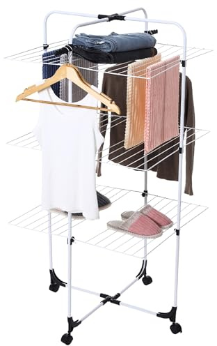 SHANN Tendedero de pie de Torre - Tendedero con 3 Pisos para secar 50 Prendas,con Ruedas facil de Mover,136x68cm Color Blanco