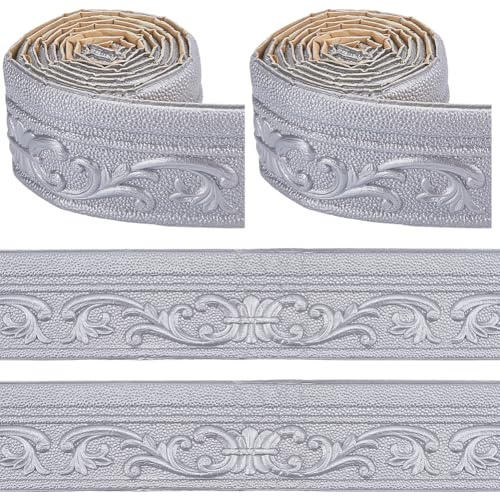 CRASPIRE 2 Rolls 82.7 x 3.2 Inch Decorative Adhesive Wall Molding Wallpaper Trim Border Silver Foam Vintage 3D Flexible Floral Peel Stick Edging Baseboard Line Sticker for Home Hotel Mirror DIY Decor