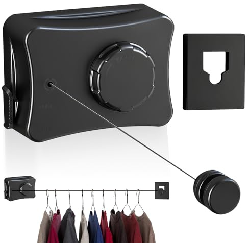 WANDGU Cuerda de tender extensible 5,1 m de cuerda de acero inoxidable: tendedero retráctil, cuerda de tender retráctil no translúcida, botón de sujeción ajustable, cuerda larga para interiores