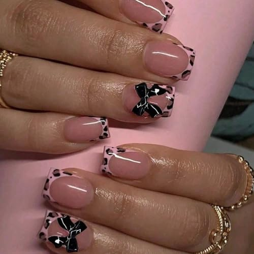 24Pcs French False Nails Short - Square Press on Nails with Black Bow - Leopard Edge Stick on Removable Glue-on with Designs - Acrylic Full Cover Fake Nails for Women Girls Nail Art