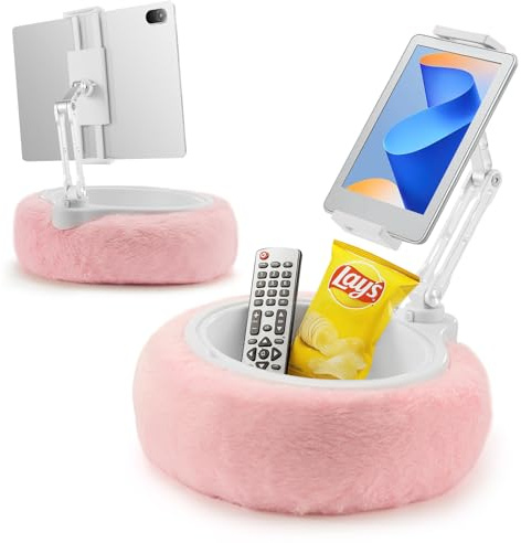 M.J COMFY-LIFE Tablet Stand with Detachable Bowl, Kindle Holder for Bed Reading, Adjustable Phone Stand for 4.7-9.8 Devices 360° Rotatable, Soft Plush Fabric Kindle Holder (Pink)