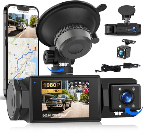SIXTOP Dash Cam Auto a 3 Canali Anteriori e Posteriori, 2,0 Pollici Schermo 1080P, Tripla Telecamera per Auto con Controllo tramite App, Visione Notturna Super, Registrazione in Loop, Sensore G