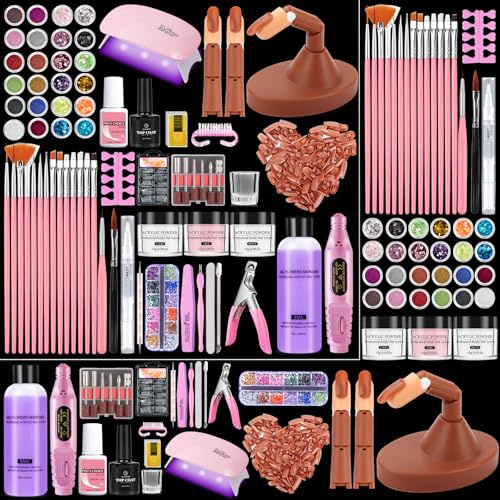 Yokilly Kit Per Unghie In Acrilico: 3 Colori Polvere Acrilica Unghie - Set Completo di Unghie in Acrilico di Lampada per Unghie Fresa per Unghie