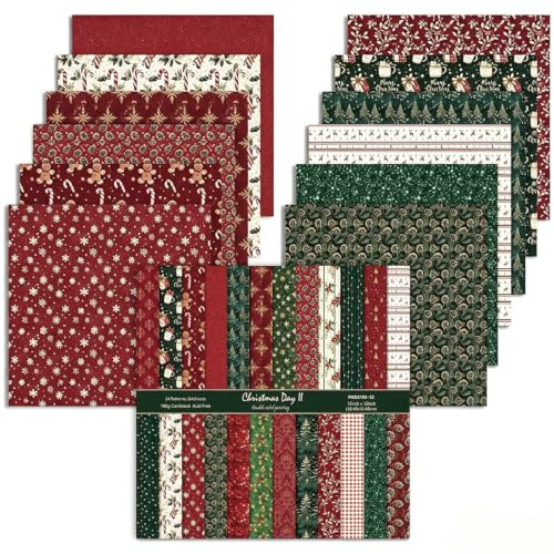 Carta per album di ritagli di Natale, set di carta a doppio lato con 24 fogli a fantasia, 30,5 x 30,5 cm, forniture per scrapbooking per la creazione di biglietti e album fai da te (Rosso e Verde)