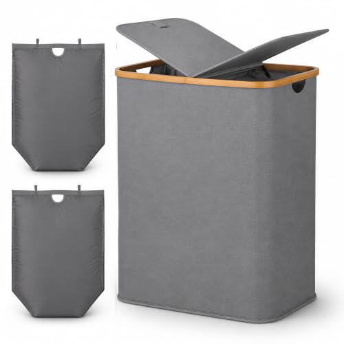 Trimming Shop 140L Foldable Laundry Hamper with Lid & Bamboo Frame (Grey) | Waterproof, Self-Standing, Easy Storage Foldable Laundry Bag Hamper for Bedroom, Bathroom, Dorm, Laundry Room
