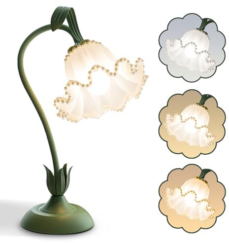 WLHBF Green Flower Lamp for Home,Bedside Vintage Table Lamps for Living Room,LED Reading Light,3 Colours Modes Kawaii Bedside Lamp Decor,with E27 Bulb Nightstand Lights for Office Bedroom
