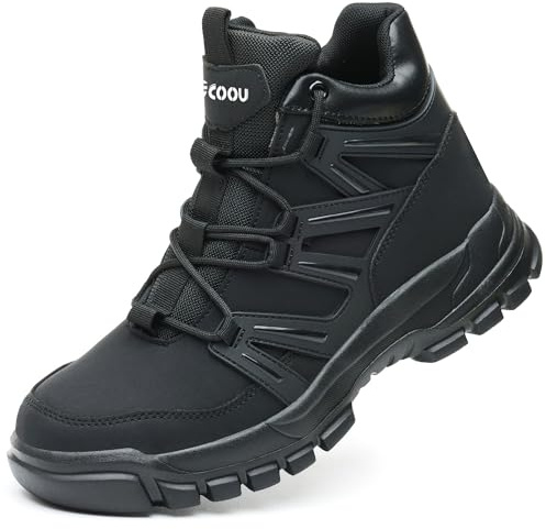 COOU Chaussures de Sécurité Hommes Montante Femmes Bottines de Sécurité Embout Acier Protection Légère Confortable Bottines de Travail Antidérapant Noir 44
