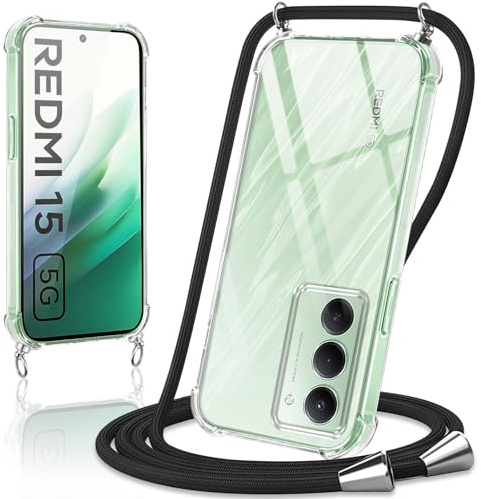 Coiwxmoi Handykette Handyhülle für Xiaomi Redmi 15 5G Hülle mit Band 6,9,Transparent Case mit Kette Abnehmbar zum Umhängen Kordel Schutzhülle,Weich Silikon TPU Stoßfest Cover,Schwarz