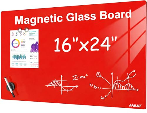 AFMAT Rahmenlose Glas-Magnettafel 60x40 cm, Premium Glas Magnetboard Whiteboard, Hochglänzend, Magnettafel für Wand - Inkl. Magnete, Stift & Tafellöscher, Whiteboard für Büro, Küche, Wohnung,Rot,GB05