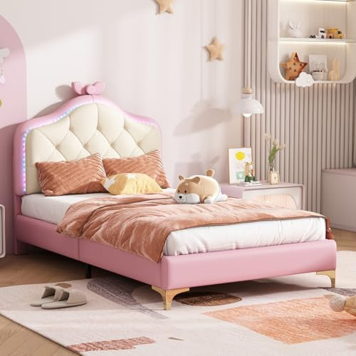 JiaOyu Letto singolo 90x200 cm, letto per bambini con LED, letto da principessa per ragazze, letto imbottito per ragazzi con tasca rosa e poggiatesta imbottito per camera dei bambini, PU, senza