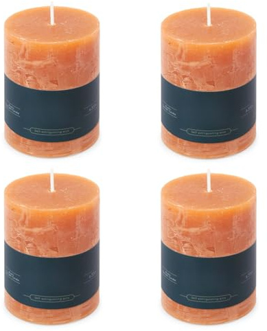Stumpenkerzen Rustic 4er-Set - 7x9,5 cm - Brenndauer: 35 Std., rußfrei, 100% Paraffin - für Kerzenständer, Kerzenhalter, Weihnachten, Hochzeit, Blockkerze, Kerze, Adventskranz, Advent (orange)