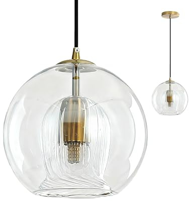 XIRYTU-H Moderne Glaskugel Pendelleuchte mit Goldsockel, E27 Industrielle Hängelampe, Deckenleuchte für Kücheninseln, Esszimmer, Wohnzimmer und Treppenhäuser (Transparent, 20CM)