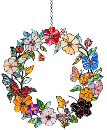 NONGYU Buntglas-Fenster-Sonnenfänger zum Aufhängen, Buntglas-Vögel, Sonnenblumen, für Innenbereich, Fensterdekoration mit Kette, Vögel, Sonnenblumen, Sonnenfänger