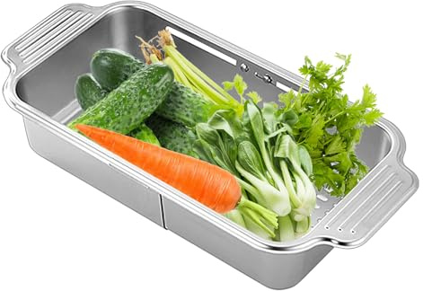 Handfatsfilter i rostfritt stål | Fällbart diskställ med siktinsats, utdragbar diskställ för frukt, grönsaker, mat, effektiv, praktisk, stabil, modern