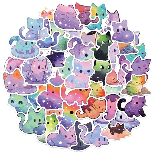 Molain 50 Pcs Cartoon Starry Sky Cat Stickers, Cute Kawaii Aesthetic Cat Sticker Waterproof Vinyl Decals Funny Cats Sticker for Laptop Water Bottle Phone Scrapbooking Planner Journal
