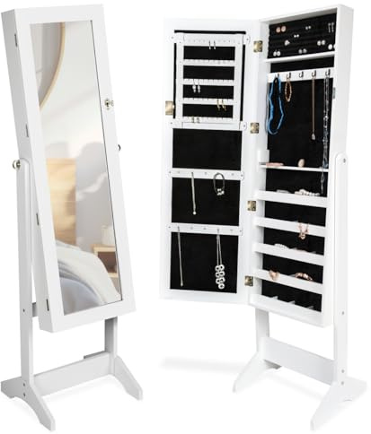TecTake® Armoire à bijoux avec Miroir intégré, 147 x 45 x 37 cm, Miroir sur pied, Armoire Chambre Dressing Porte Bijoux Femme Collier Boucles d'oreille Bague Meuble Chambre Coffret bijou, Blanc