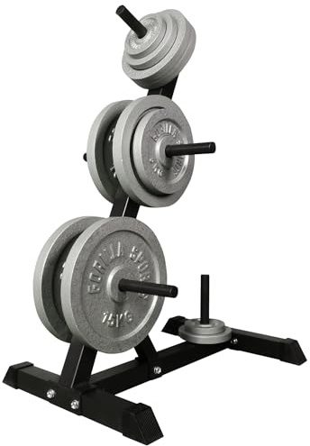 GORILLA SPORTS® Gewichtsständer mit 77,5-kg-Hantelscheiben-Set, 6 Stangen | Für 30-mm-Scheiben, bis 200 kg, aus Stahl in Schwarz, mit 12 Gusseisen-Hantelscheiben, Hantelständer, Aufbewahrungsregal