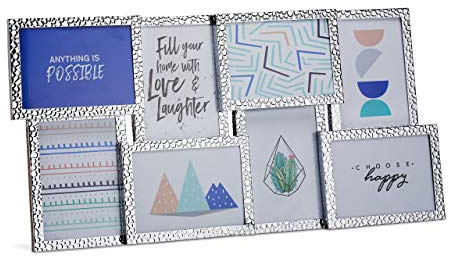 Relaxdays, Silber Bilderrahmen 60 x 29 cm gehämmert, Bildergalerie für 8 Bilder, Fotorahmen zum Aufhängen, Standfuß, Alu, Aluminium, Glas, MDF, Standard