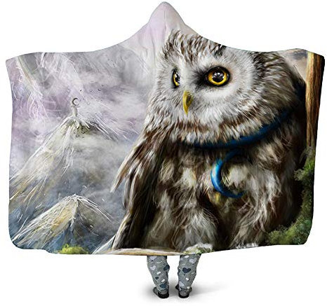BEPM Kapuzendecke Decke Mit Kapuze Blanket Kuscheldecke Kapuzendecke Dicke Doppelschicht Plüsch 3D-Digitaldruck Kapuzenmantel-Eule_Kleine Größe 130 * 150