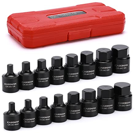 CASOMAN 16 Piece 3/8 Inch Drive Low Profile Impact Hex Driver Set, Cr-Mo, 1/4-3/4, 6mm-19mm, Impact SAE and Metric Hex Bit Socket Set