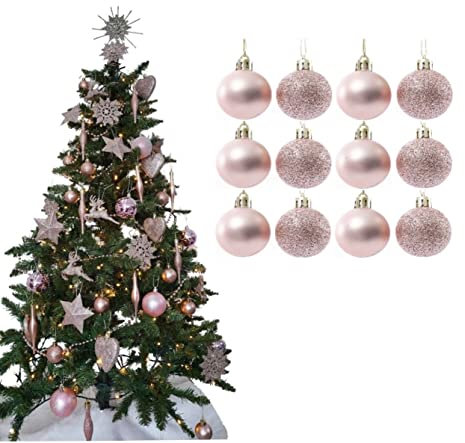 Simply Products Christmas Tree Decoration Baubles 3.8cm - Great Christmas Tree Hanging Ball Decorations, Matte & Glitter Baubles Pack of 12-3.8cm (Rose Gold Matte & Glitter)