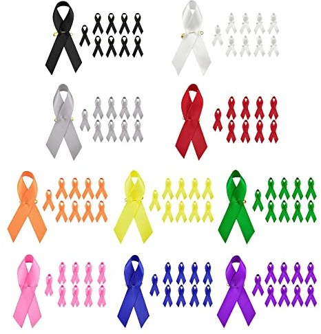 100 Pcs Satin Awareness Ribbons With Safety Pins, Memorial Brooches, Lapel Fabric Buttons for Breast Cancer (10 Colors)