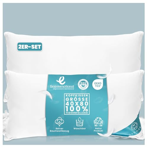 Sandaro Home Federnkissen 40x80 2er Set 850gramm- Öko-Tex Zertifiziert | Kissen mit 100% natürlichen Federfüllungen, Kopfkissen mit Gänsefedernfüllung im Baumwollbezug