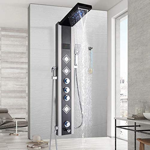 Panel de ducha LED con 6 funciones de acero inoxidable con indicador de temperatura y 3 chorros de masaje cuadrados. Color: negro y cromo.