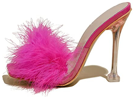 azmodo Women Faux Fur Clear PVC Slippers Square Toe Stilettos Slides High Heels Sandals Mules Party Glass Heels