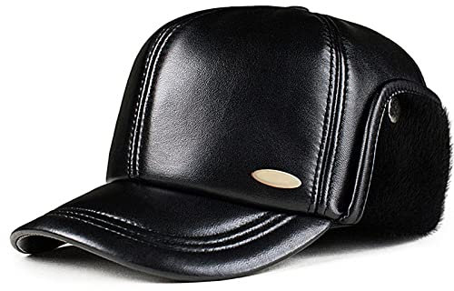 JIARY Mütze Herren,Fliegermütze,Outdoor-Lederhut Für Herren Mit Winddichter, Warmer Ohrenschützer-Lederhut,Trappermütze Aus Für Herren,Schwarz,XXL (59~60cm)