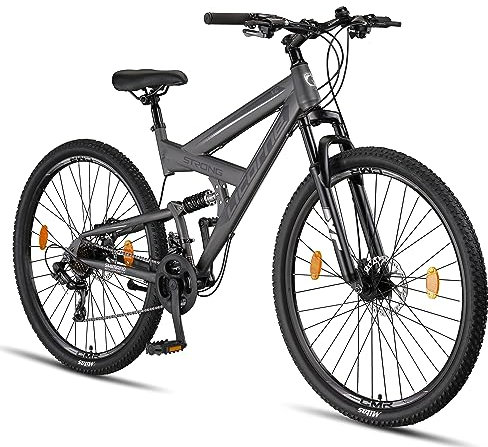 Licorne Bike Strong 2D Premium Mountainbike in 26, 27.5 und 29 Zoll Fahrrad für Jungen Mädchen Damen und Herren Scheibenbremse vorne und hinten 21 Gang Schaltung Vollfederung (29 Zoll, Anthrazit)