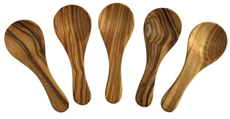 Mini-Löffel „Piccolo“ 6  cm aus Olivenholz – handgefertigte Dosier-, Salz- & Gewürzlöffel, Kaviarlöffel | hochwertig, nachhaltig & natürlich. 1 Set mit 5 Mini-Löffeln.