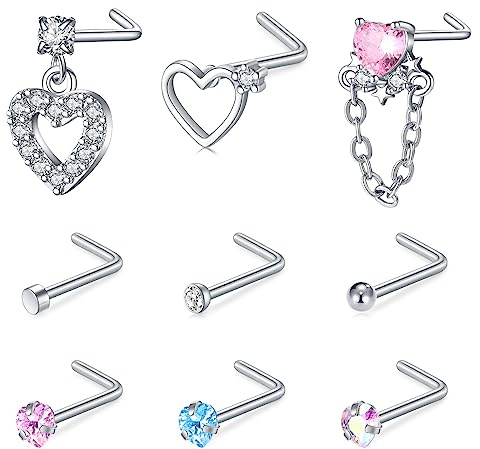 AVYRING 20G Cuore Piercing Naso L Forma Argento Orecchini Naso Acciaio Inossidabile Piercing Anello Naso CZ Piercing Gioielli Donna 12 Pezzi