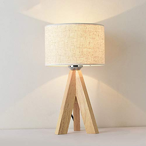 Mengjay Tischlampe Schlafzimmer Esstisch Holz LED Nachttischlampe E27 Modern Einfachheit Stoff Nachtlicht Retro Schreibtischlampe Tischleuchte für Kommode Wohnzimmer Esszimmer Geschenk