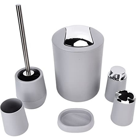 Tissting Juego Accesorios de Baño Gris 6 Piezas con Bote Basura, Escobilla de Baño, Soporte para Cepillo Dientes, Dispensador Jabón Loción, Jabonera, Taza, Juegos de Accesorios Baño ABS