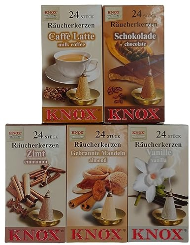 Knox XL Sparpack Räucherkerzen Caffe Latte + Schokolade + Zimt+ Gebrannte Mandeln + Vanille/Größe M/Inhalt pro Schachtel 24 Räucherkegel/Duftkegel