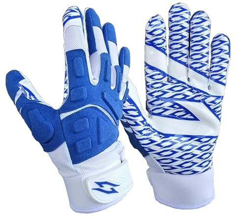 Scale Wear Design White Stealth Football Lineman Gloves with Tach Grip Silicone Palms. Adult Men's Youth Boys Sticky Lineman Wide Receiver Flag Football Boost Your Game (Youth-Medium, White-Blue)