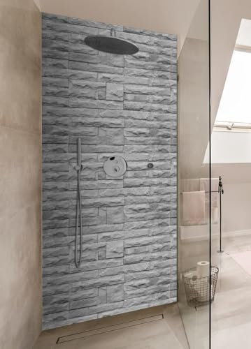 Wallario Selbstklebende Duschrückwand 80 x 180 cm mit Motiv Steinwand grau - Wandverkleidung Fließenersatz mit Hochglanzlaminat in Glasoptik