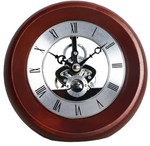 Surakey Tischuhr Holz,130 MM Vintage Tischuhr - Runde Kaminsims Tischuhr Quarzuhr mit Römischen Ziffern Gold Transparentem Uhrwerk Batteriebetrieben Schreibtisch Uhr Wohnzimmer Deco Geschenkidee