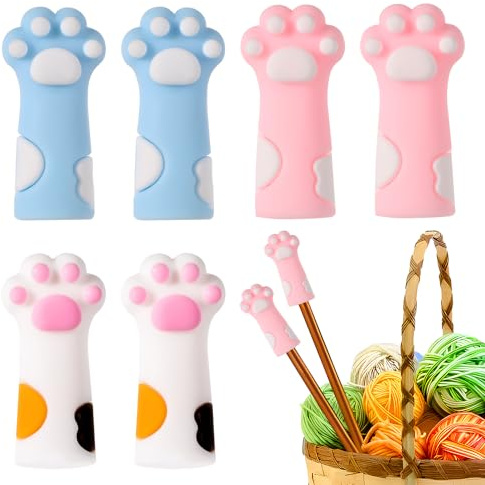 6stk Katzenpfoten Nadelspitzen Stopper, Silikon Stricknadelspitzenschutz Maschenstopper Nadelspitzenabdeckungen Strickzubehör für Nadeln der Größe 11-17 (8mm-12,75mm), (Weiß, Rosa, Blau)