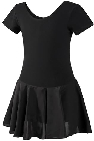LingTing Leotards With Chiffon Skirt for Girls Black Short sleeves Dress for Gymnastic,Ballet,Dance