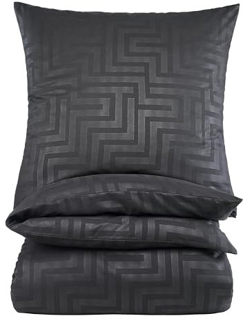 BaSaTex Mikrofaser Bettwäsche im Prägedruck 4 teilig 2X 135x200 + 2X 80x80 | mit Reißverschluss | Allergiker geeignet und ÖkoTex Zertifiziert | Labyrinth Schwarz